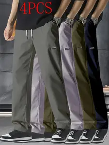 Men’s 4-Pack Casual Wide-Leg Straight-Leg Pants for Spring/Summer/Autumn, Comfortable and Skin-Friendly, Mid-Rise Drawstring, Suitable for Outdoor Sports