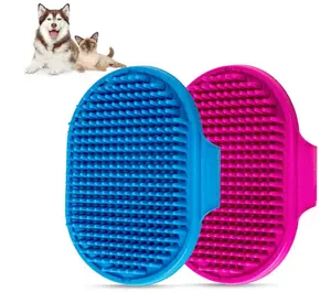 Dog Bath Brush Pet Bath Comb Brush Soothing Massage Rubber Comb 2pcs with Adjustable Ring Handle for Long Short Haired Dogs and Cats (Blue+Rose)