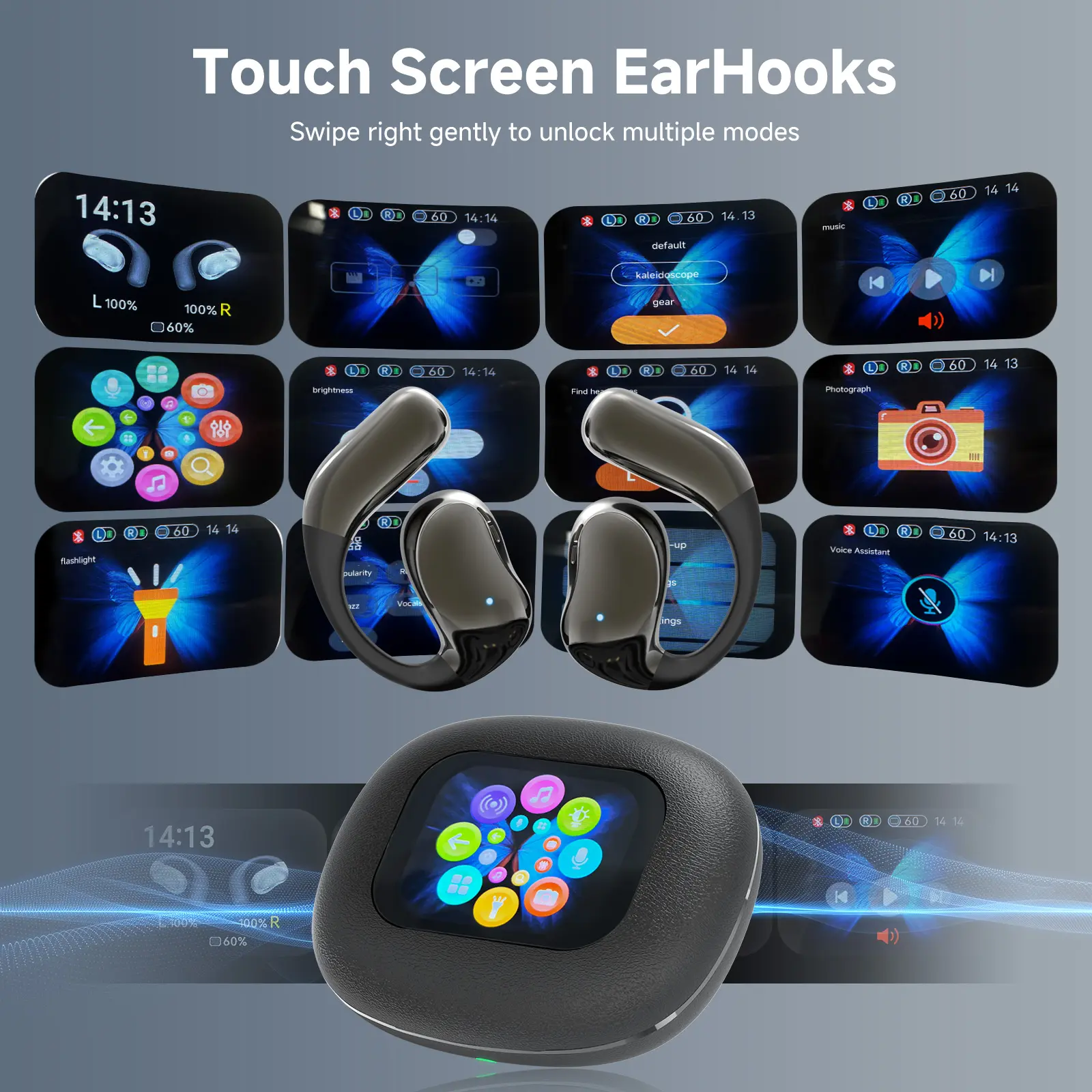Open Ear Wireless Bluetooth Headphones - Pod-Style Headphone with Touchscreen Model, HD Small Screen, Fast Charge, Rechargeable Batteries, HIFI Sound, Lightweight Noise Cancellation, IPX6 Waterproof, Eyeglass-Compatible, Outdoor Use
