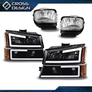 CROSSDESIGN LED DRL Headlights+Fog Lights Set Fit For 2003-2006 Chevy Silverado Avalanche