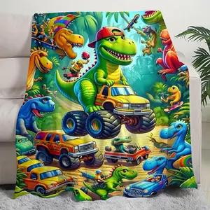 Soft Funny Throw Blanket Cute Smiling Dinosaurs HD Digital Print Flannel,Contemporary Animal Theme All-Season Cozy Knitted Thermo-Regulating Cover,Lightweight Fabric,Perfect For Napping,Christmas Present