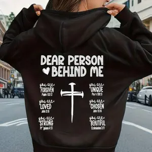 Dear Person Behind Me Christian Hoodie with Cross Design and Bible Verses. A Faith-Based Inspirational Message Reminding You Are Forgiven, Loved, Chosen, Strong, and Beautiful in God’s Eyes