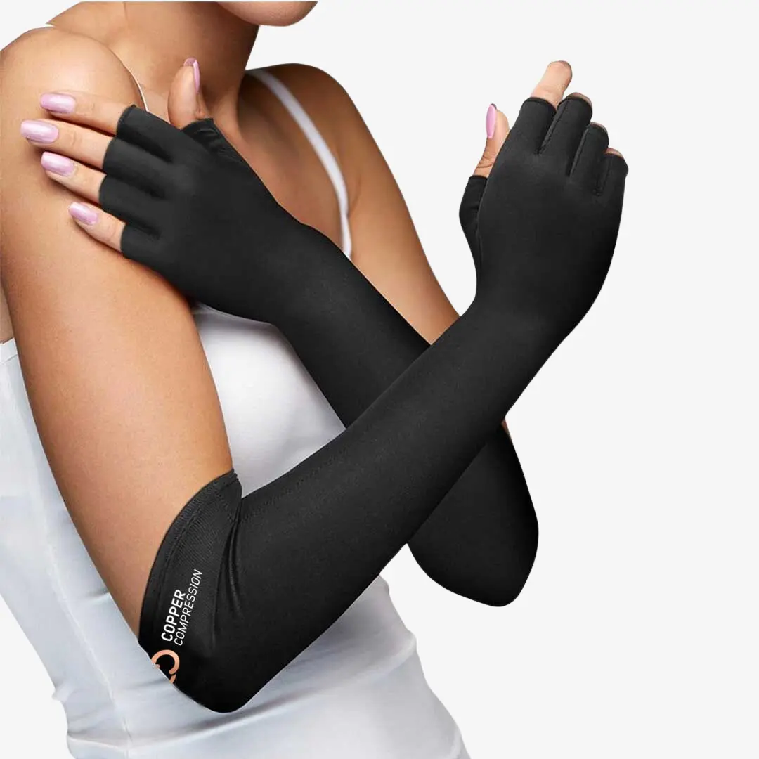 Copper Compression Long Gloves for Adults, Fashion Accessories with Extended Forearm Support for Hands, Wrists & Lower Arm | Black, Accessories Adults