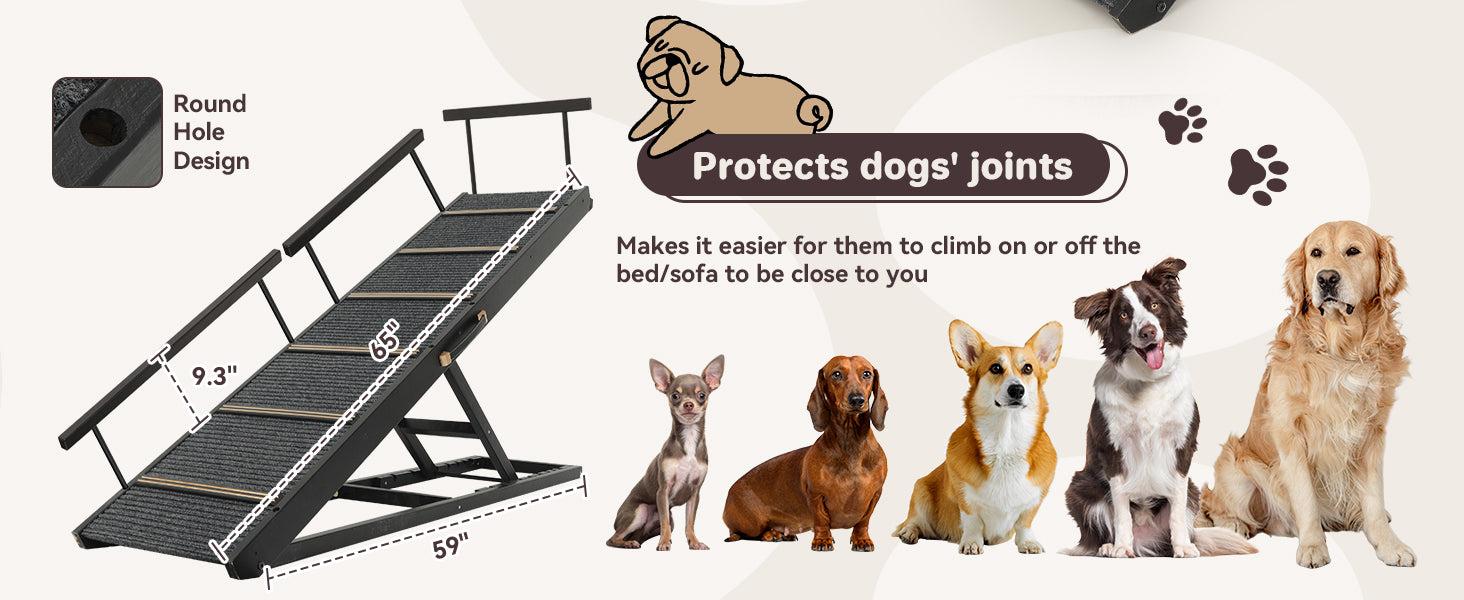 Dog Ramp for Bed, Folding Portable Wooden Dog & Cat Ramps for Couch or Bed, Including Non Slip Mat & Safety Side Rails, 64.2 Inch Long and Height Adjustable from 13.4 Inch to 38 Inch Up to 110 Lbs PA923