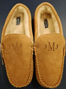 Lands' End Men's Fuzzy Lined Suede Moccasin Slippers Monogrammed JMJ- Size 11
