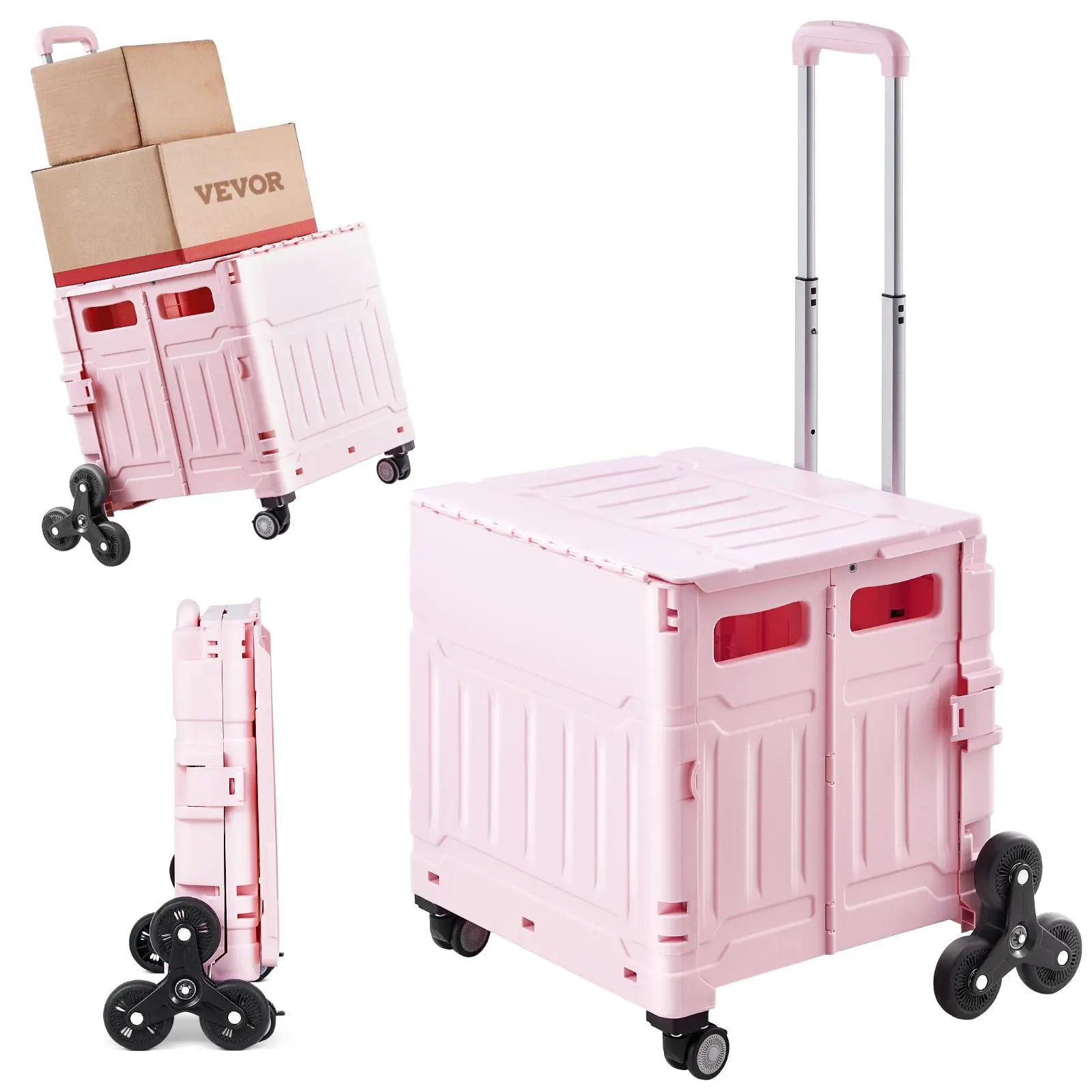 【Summerfinds】VEVOR Foldable Utility Cart 65L Collapsible Portable Crate Rolling Cart with Stair Climbing Wheels & 360° Swivel WheelsHand Cart with Telescoping Handle for Shopping Office Moving TeacherPink