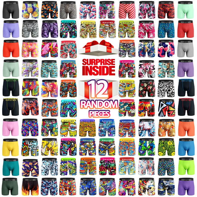KJFISTMU 12-Piece Men's Boxer Briefs Set Random Styles Designs Solid Colors Prints Colorful Waistbands Striped Designs Fashionable Graffiti Print Underwear