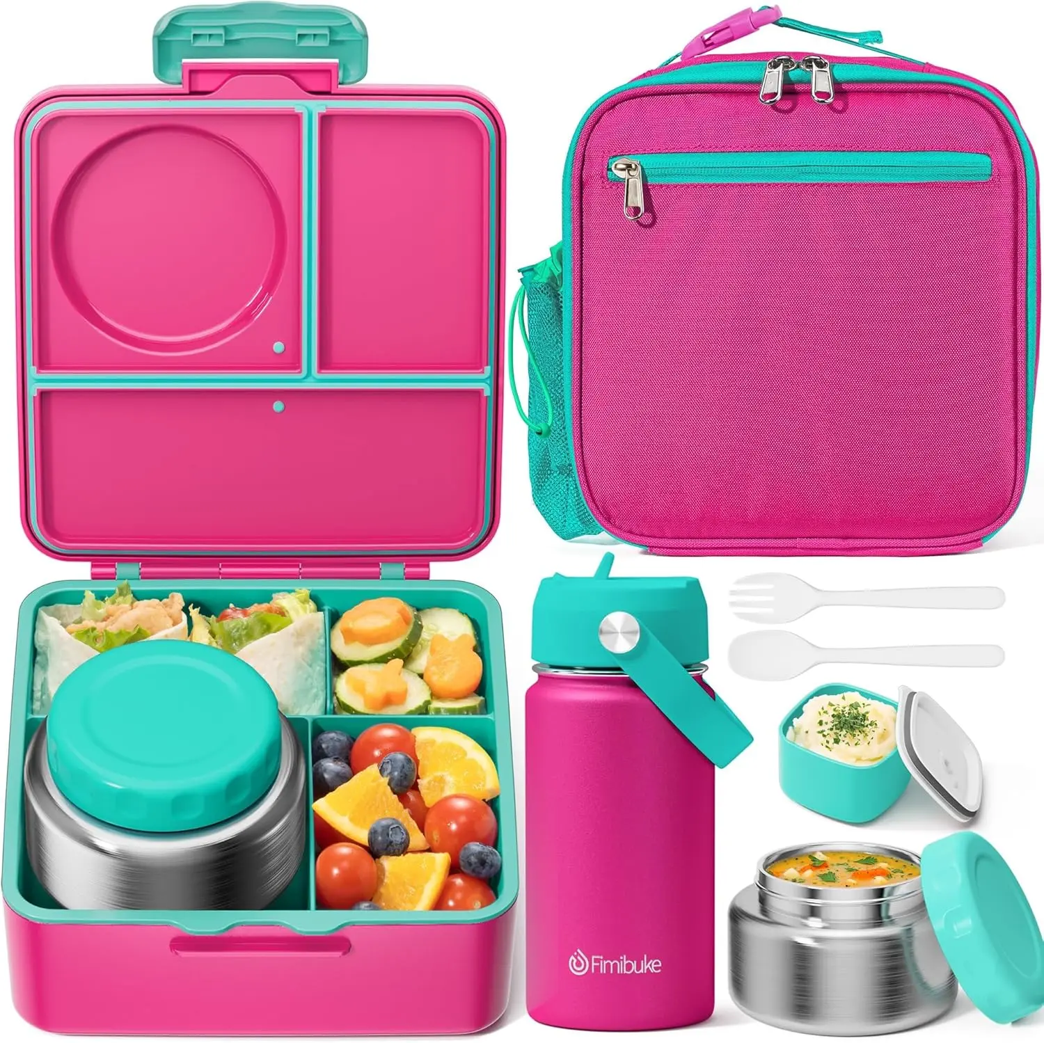 Fimibuke Leakproof Insulated Bento Lunch Box - 3/4 Section ABS Bento Boxes, 8.5oz Stainless Steel Thermal Food Jar, Utensils, Sauce Container, BPA-Free, Dishwasher Safe Tableware for Kids, Back to School