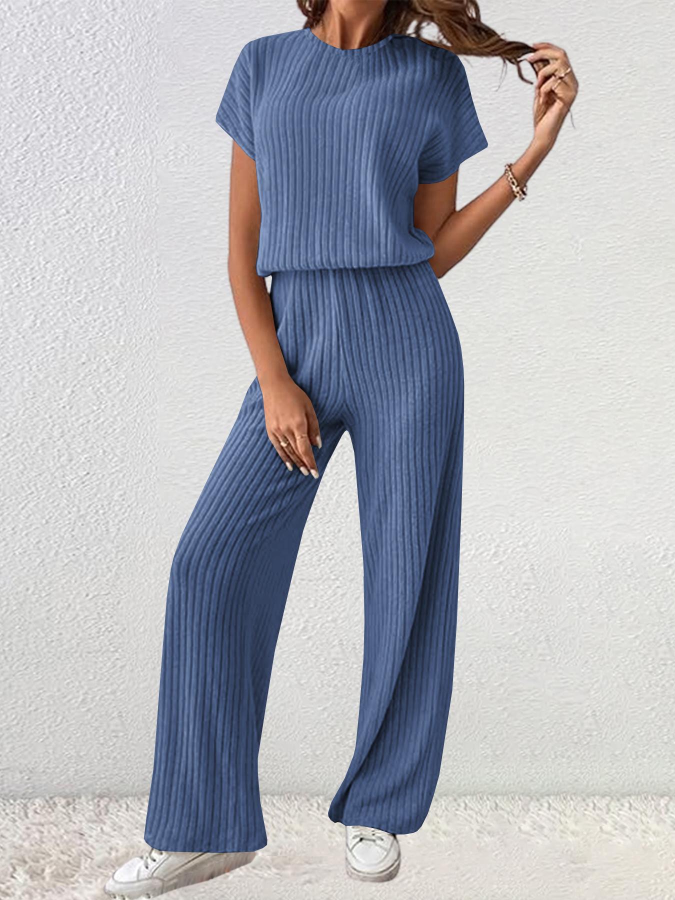 Women's Solid Shortsleeve Crewneck Ribbed Top & Wide Leg Pants Minimalist Casual Fitted Fashion Cozy Top & Trousers for Daily Outdoor Wear Ladies Clothes for Summer Womenswear Yoga Clothes Set Black Batwing Suits Suits