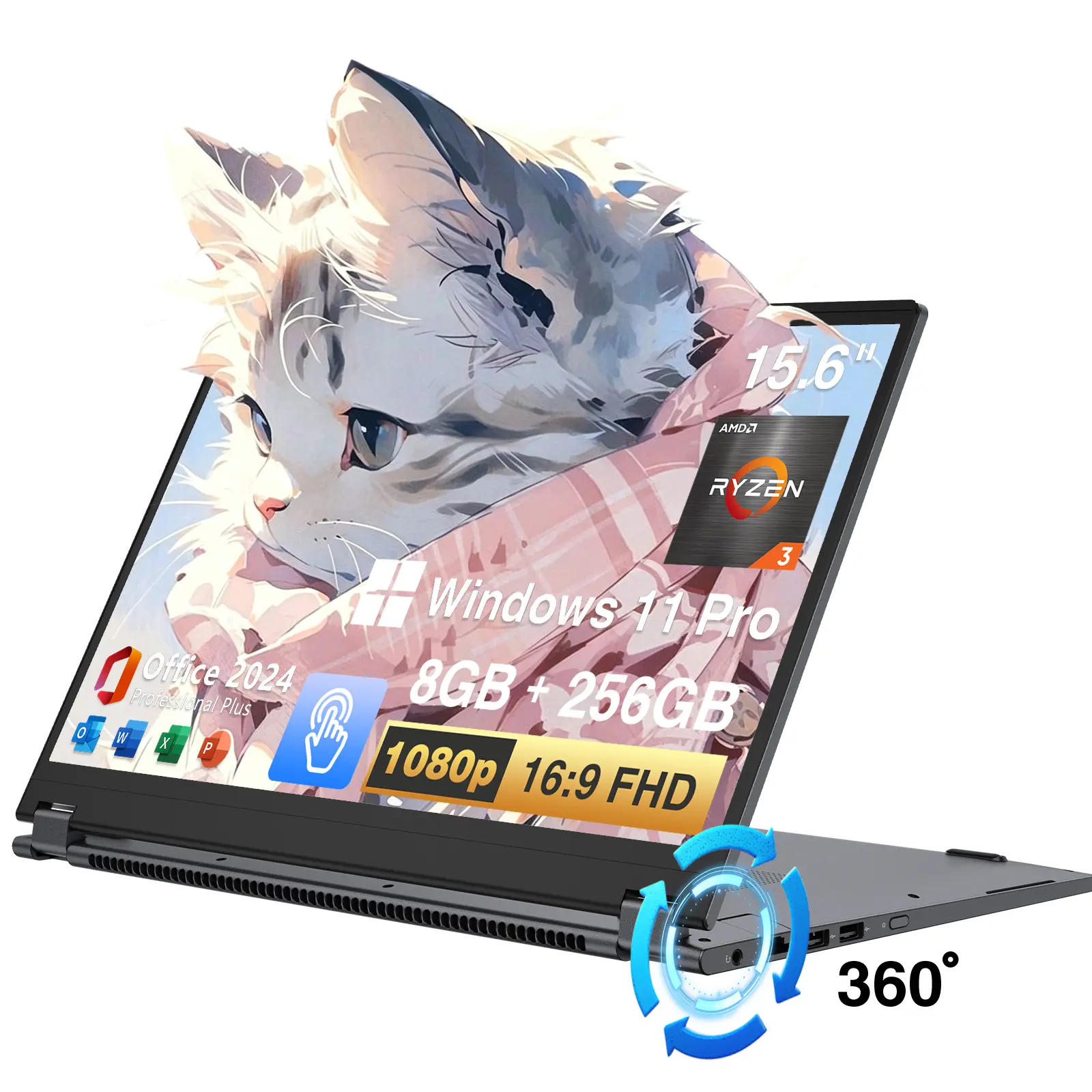 TPV 15.6" 2-in-1 Convertible Touchpad Laptop - Windows 11 Pro, AMD Ryzen 3 3200U, AMD Radeon Vega 3, 8GB DDR4 RAM, 256GB Storage, 1920x1080 FHD Touchscreen, Wi-Fi 5, BT5.1, RJ45, HDMI Output, USB 3.0, Backlit Keyboard, Gray Student Laptop for Streaming
