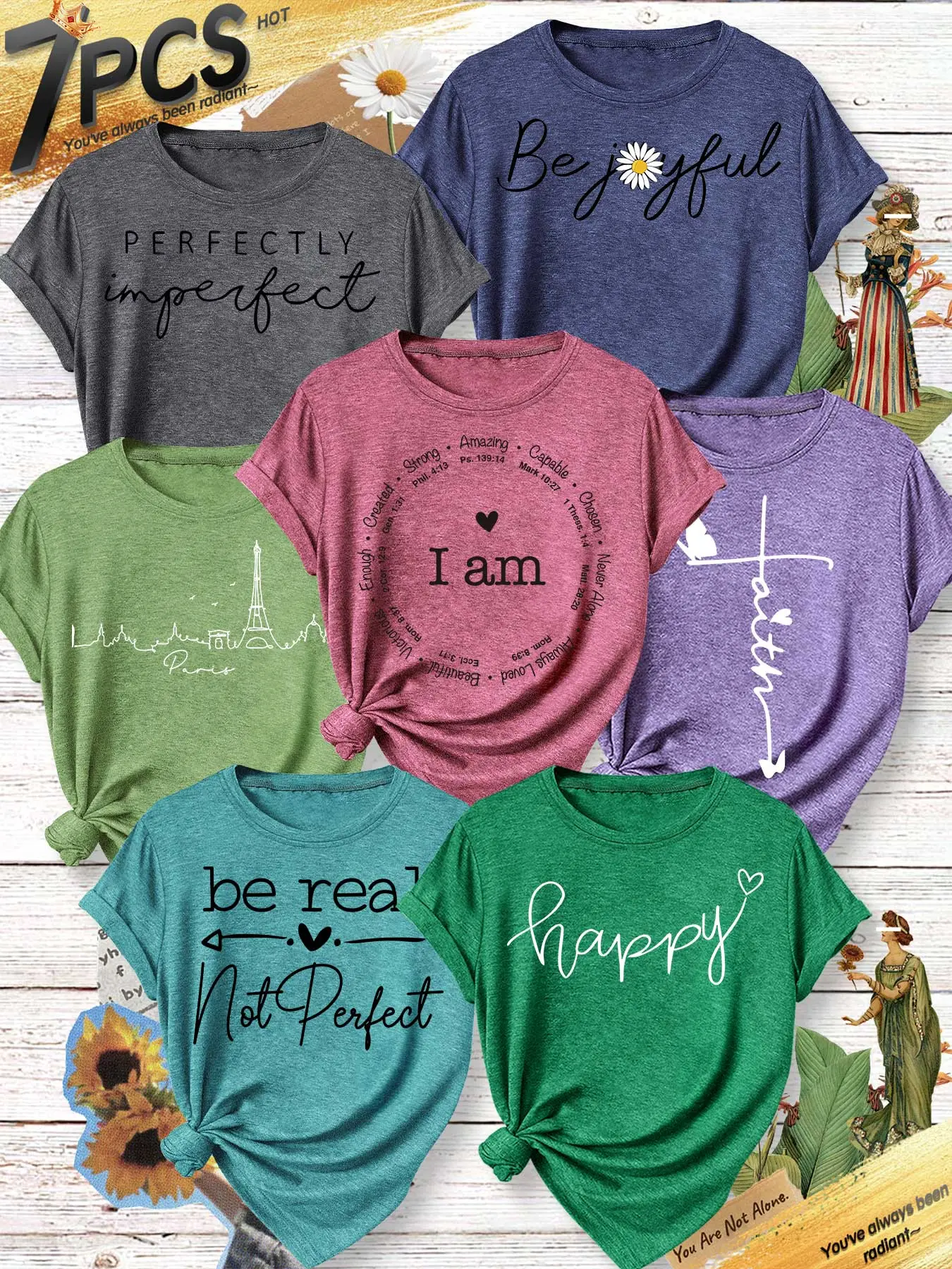 7-Pack Women's Crew Neck T-Shirts, "Be joyful"/"I am"/"faith"/Paris Inspirational Slogan Print Set, Round Neck, Multiple Colors Available, Machine Washable, Spring & Summer Casual Top, Soft Skin-Friendly Fabric, Daily Versatile, Fashion Design