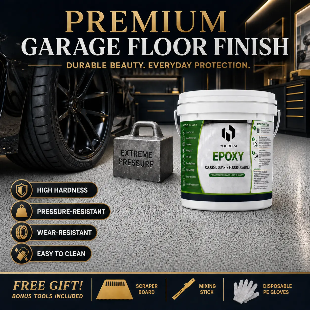 YOHBERA Epoxy Quartz Floor Coating Kit – High-Gloss, Wear-Resistant, Waterproof Self-Leveling Finish for Indoor & Outdoor Floors