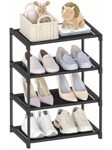 4 Tier Small Shoe Rack, Narrow Stackable Kids Toddler Adult Shoe Storage Organizer Shelf for Closet Floor Entryway Bedroom, Space Saver Shoe Rack Organization Shelves
