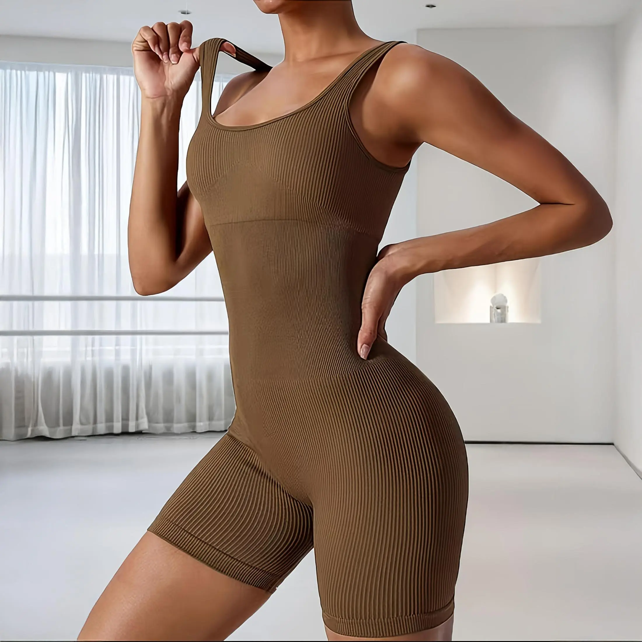 Women's Activewear Ribbed Romper - Seamless Sleeveless Bodysuit Ideal for Yoga, Running, and Lounging