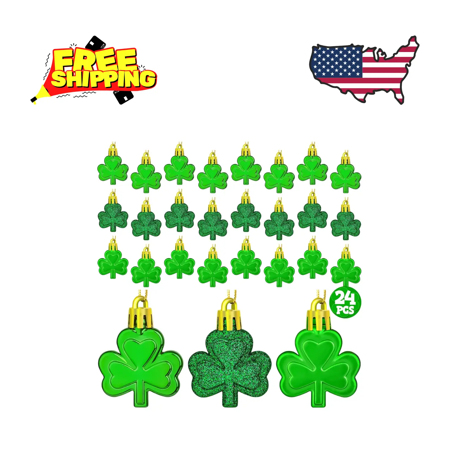 24 PCS St Patricks Day Decorations, Shamrocks Tree Ornaments, 3 Styles