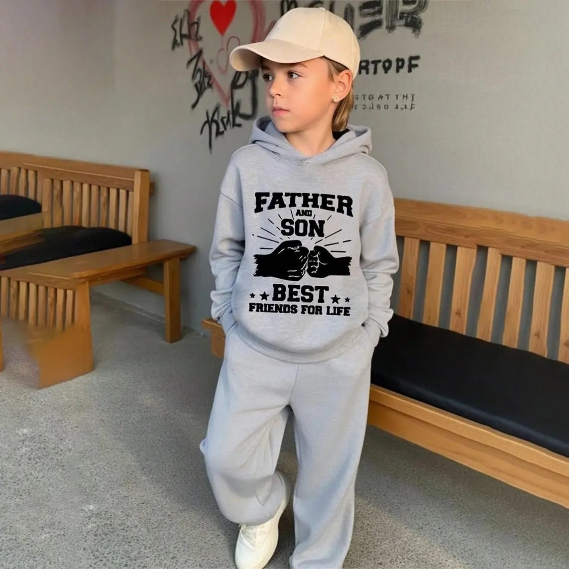 Friendship Print Hooded Tracksuit For Boys And Girls, Featuring A Fleece-Lined Sweatshirt And Jogging Pants, Perfect For Casual Indoor And Outdoor Wear In Autumn And Winter.