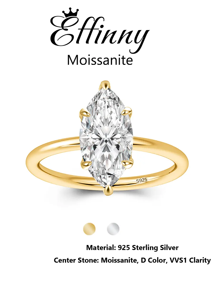 Effinny 14K Gold-Plated 2.0 Carat D Color VVS1 Marquise Excellent Cut Synthetic Moissanite Engagement Ring, 925 Sterling Silver Promise Solitaire Jewelry for Women, Wedding, Female