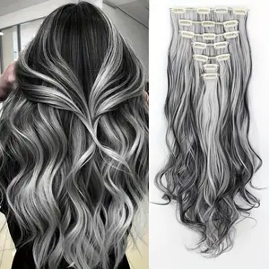 7-piece long set of black and white alternately extended thick natural hairpiece synthetic heat-resistant wig pieces, which can increase hair volume and length, suitable for women to wear at daily gatherings