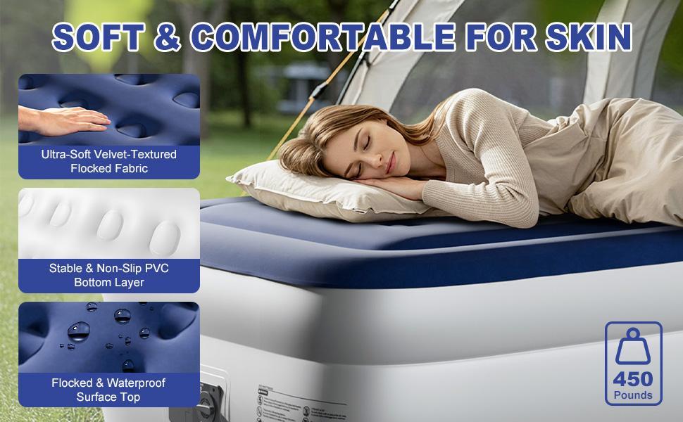 18 Inch Single Inflatable Mattress with Built-in Pump, Elevated Comfort Air Mattress, Dual Chamber Airbed, 2 Minute Fast Inflate/Deflate Air Mattress for Family Guest Camping, Blue&White