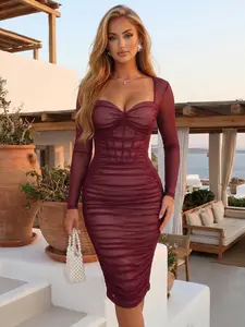 Curvysweet SDK0595A Elegant Ruched Mesh Bodycon Christmas Holiday Party Dress, Built In Bra, Long Sleeve Backless Sweetheart Midi Gown For Cocktail, Wedding Guest, Evening & Formal Events