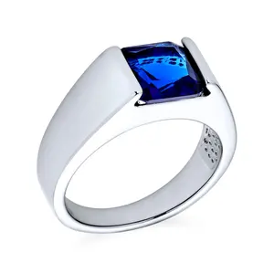 Traditional 3CT Blue Clear Cubic Zirconia CZ Square Solitaire Ring Pinky Ring Silver Plated