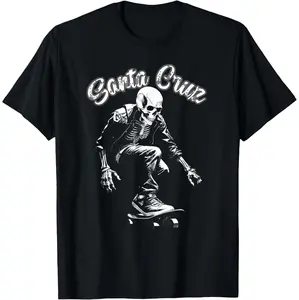 Santa Cruz Skeleton Themed Surfing And Skateboarding T-Shirt Design