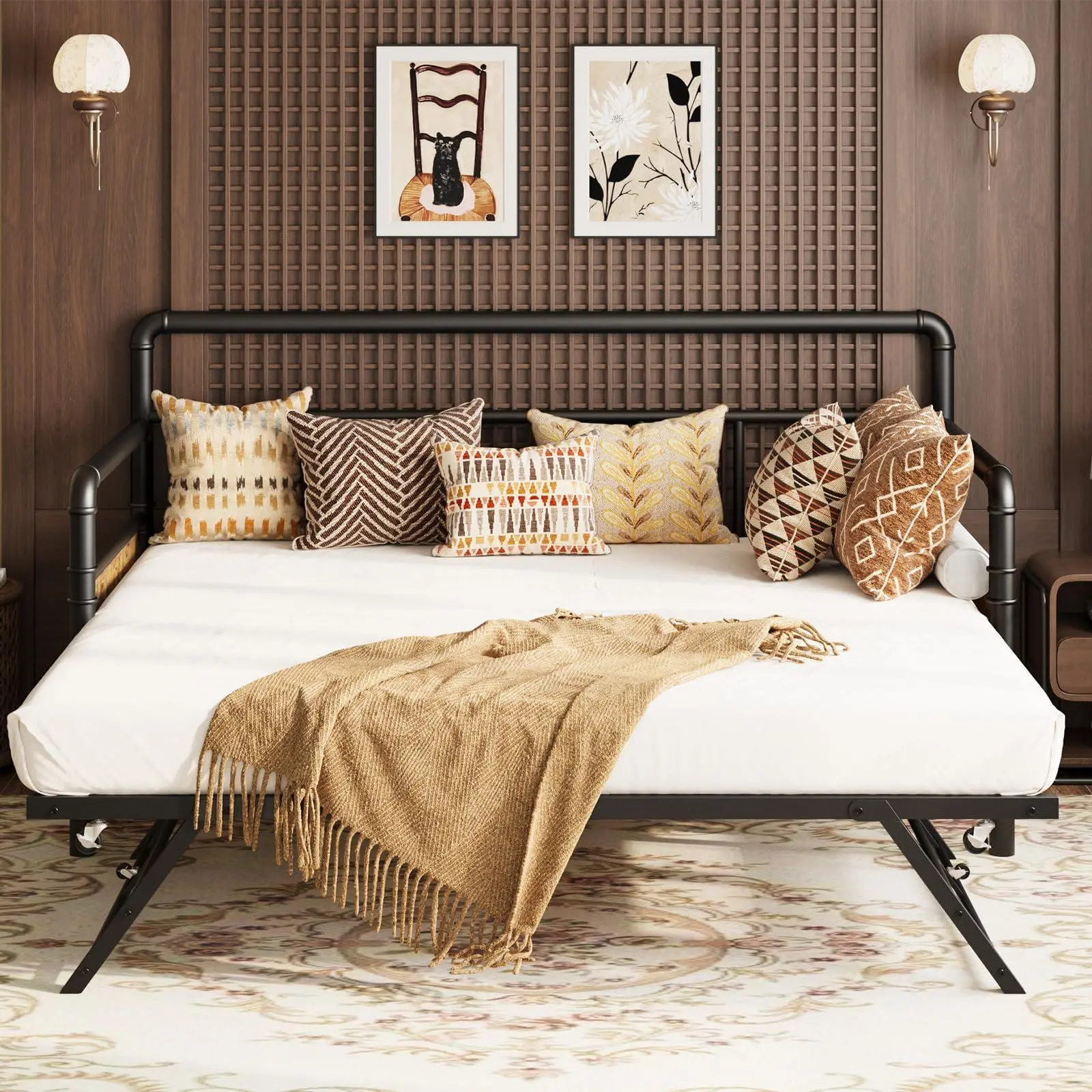 Daybed with Trundle, Twin Daybed with Pop Up Trundle Set, Metal Twin Bed Frame with Steel Slat Support, Sofa BedFrame for Kids/Teens/Adults, Easy Assembly, Black
