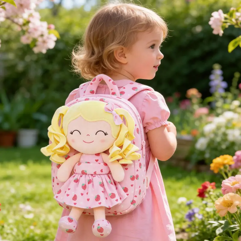 Gloveleya Strawberry Fruit Doll Backpack - 9" Soft Plush Toy Bag with Removable Berry Girl, 2-in-1 Toddler Backpack for Ages 2-4, Sweet Birthday & Valentine's Day Gift for Girls