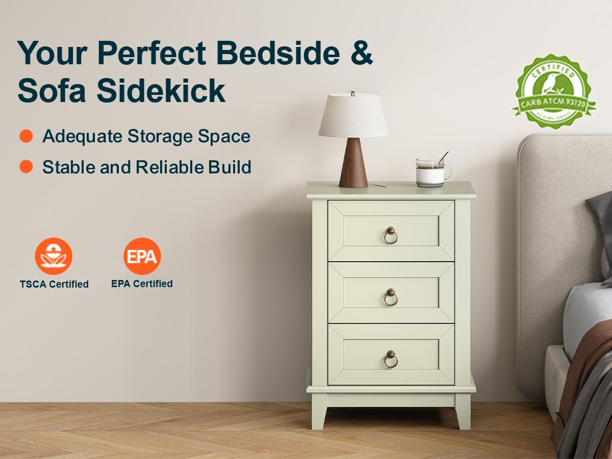 Royalcraft 3 Drawer Nightstand, Modern Tall Narrow Wooden Bedside & End Table with Drawers for Bedroom, Living Room, Milky Green