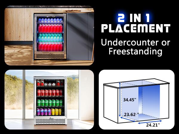 AMERLIFE Beverage Refrigerator-24 In fridge with Glass Door, Adjustable Shelves and LED Touch Panel, Under Counter Design for Wine Beer, Built-In or Freestanding Use, 34-64℉