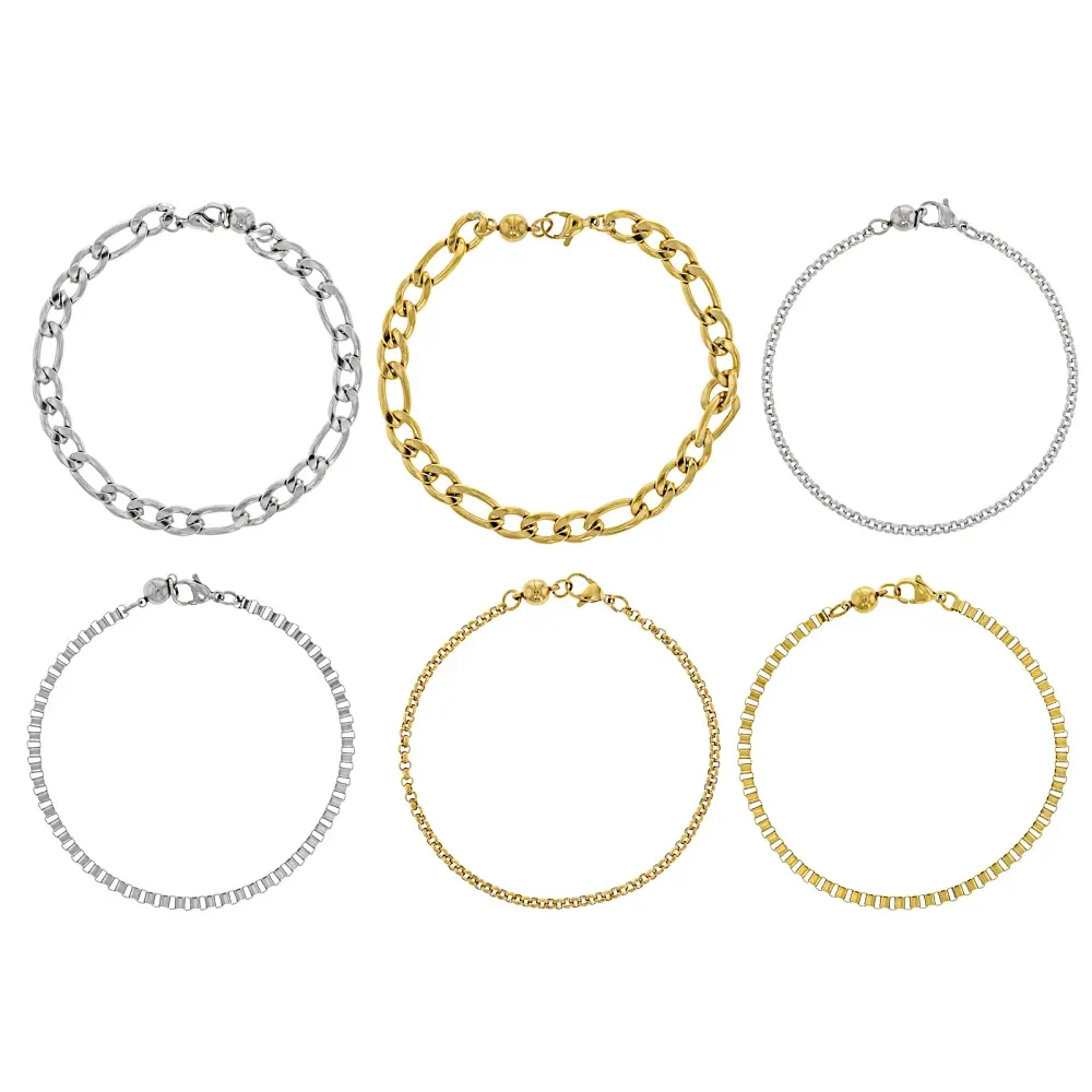 JTV Stainless Steel & 18k Gold Over Stainless Steel Bracelet Finished Chain with Magnetic Clasp Set of 6