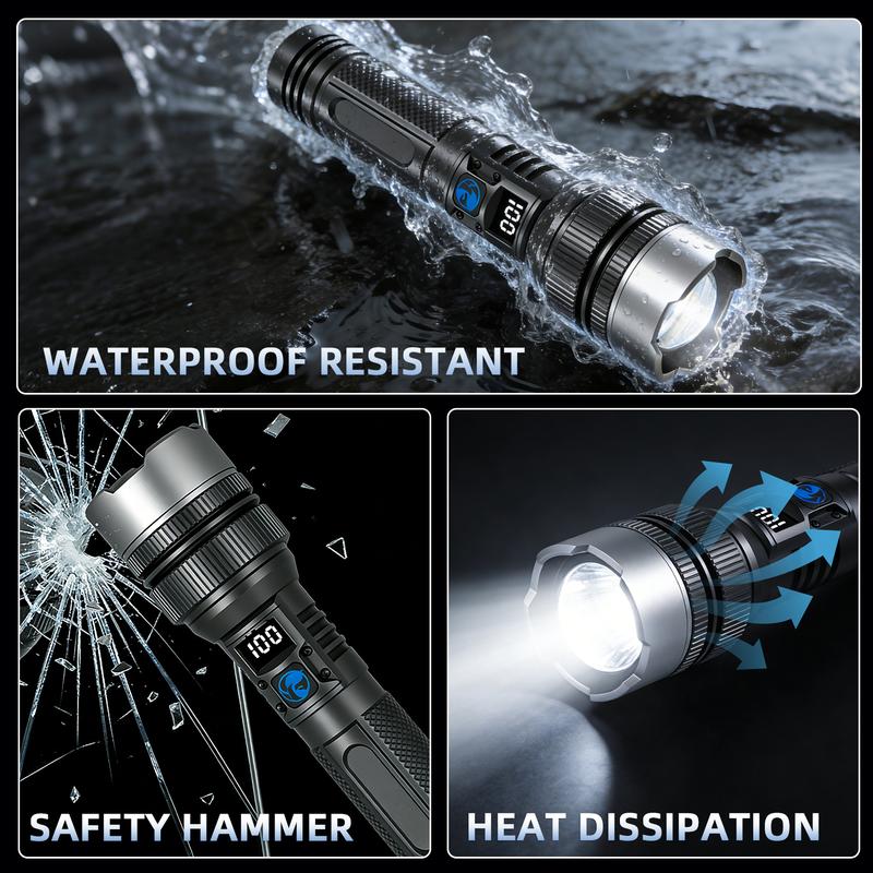 2-in-1 Strong Flashlight (Power Bank)，Digital display of power, Rechargeable，Zoomable, , X4Waterproof, Adjustable Brightness Flash Light for Outdoor, Emergency, Camping Accessories，Black  TikTokShopJumpstartSale