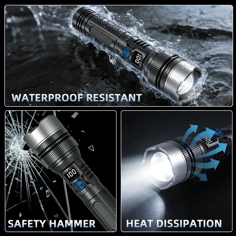 2-in-1 Strong Flashlight (Power Bank), Digital display ofpower, Rechargeable, Zoomable,, X4Waterproof,Adjustable Brightness Flash Light for Outdoor, Emergency,Camping Accessories, Black TikTokShopFallDealsForYou