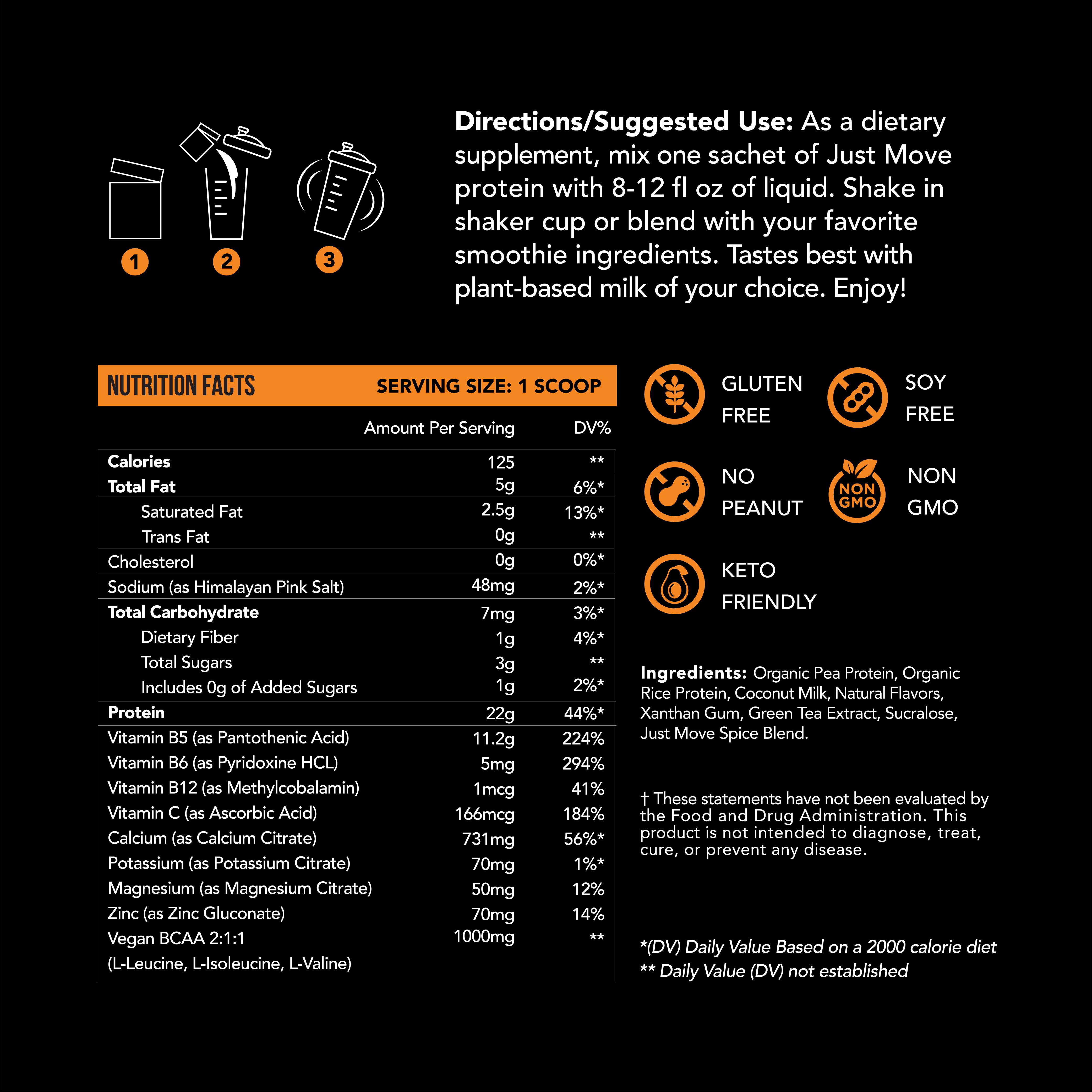 Just Move Protein Sample 7 Pack - Vegan (Plant Based) Organic, Dairy Free, Soy Free, Gluten Free, Keto, Peanut Free, 20g -22g Protein, Low Carb, Non GMO supplements fitness dietary supplement post-workout recovery Edible Flavor Healthy Multi Flavors