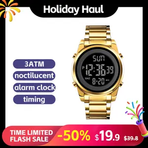 SKMEI Men's Gold Metal Fashion Electronic Watch with Calendar Week Stopwatch Timing Alarm Clock 3ATM Waterproof Stainless Steel Strap Hip Hop Style Trendy Watch
