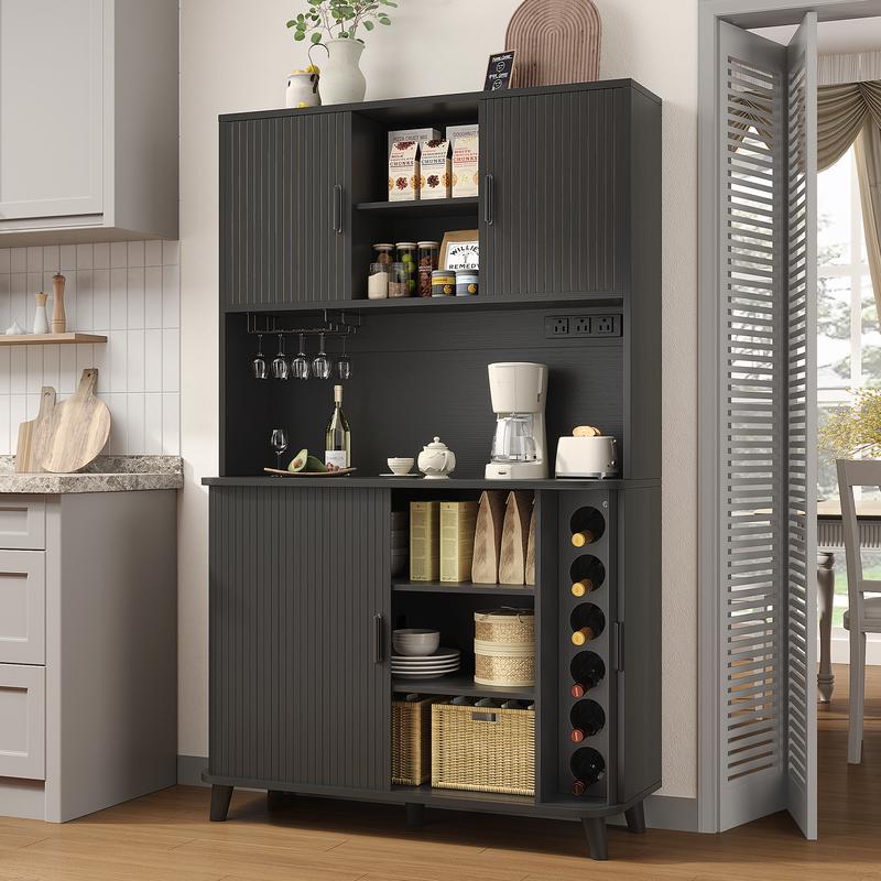Aowos 71” Pantry Cabinet with Charging Station, Tall Kitchen Storage Cabinet with 2 Sliding Tambour Doors, Hutch Bar Cabinet with Built-in Wine Rack and Adjustable Shelves, Freestanding Buffet Sideboard for Kitchen, Dining Room, Walnut, Black, Natural