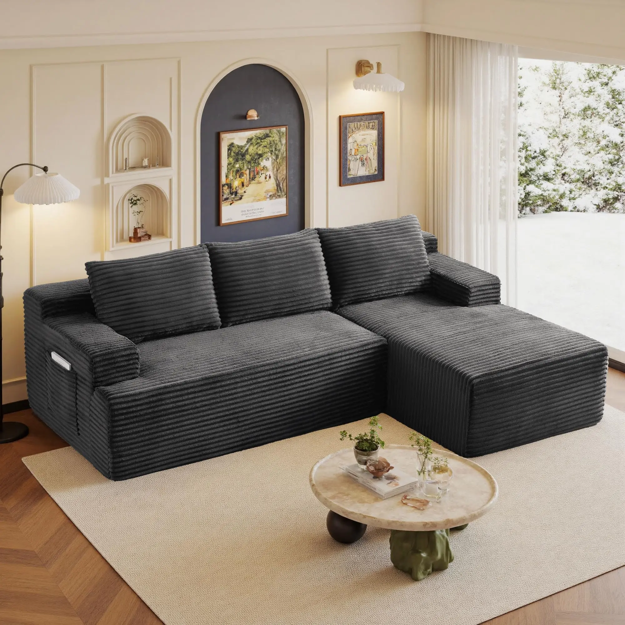Plush Sofa Sets - 1-Package Shipping Boneless Compression Modular Corduroy Cloud Sofa with Chaise, Flexible Layout, Vacuum-Packed for Living Room/Apartment