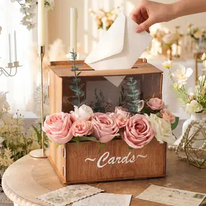 Wedding Card Box, Brown Gift Card Box with Flower Trough and Acrylic Board Rustic Wooden Card Box, Wedding Money Box Holder for Reception Anniversary Graduation Birthday Party Decor