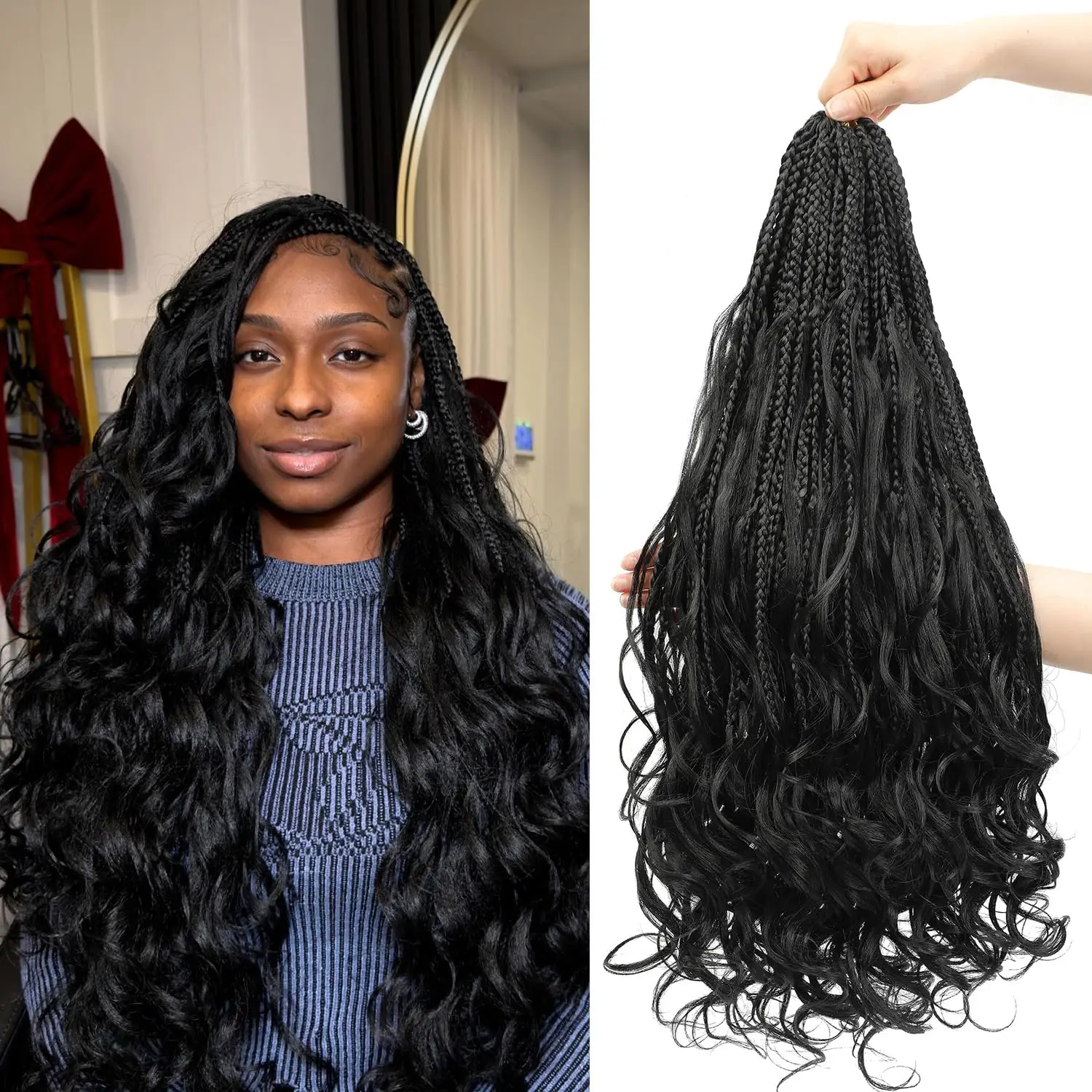 French Curl Boho Crochet Braids 24 Inch 8 Pack Pre-Looped Soft Braiding Hair Extensions for Black Women, 40mm Root & 25mm End Curls, Goddess Box Braids Hair Extensions, 1B