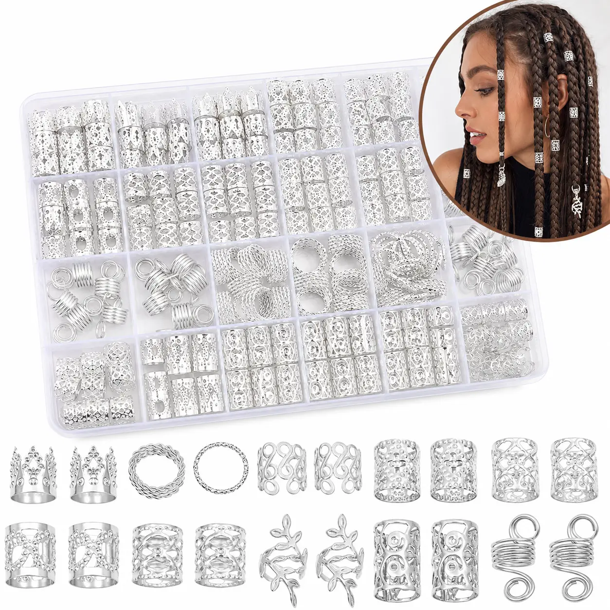 220PCS Silver Hair Jewelry for Braids, Loc & Dreadlock Charms, Metal Braid Rings, Cuffs & Clips for Women, Hair Extensions & Decorations