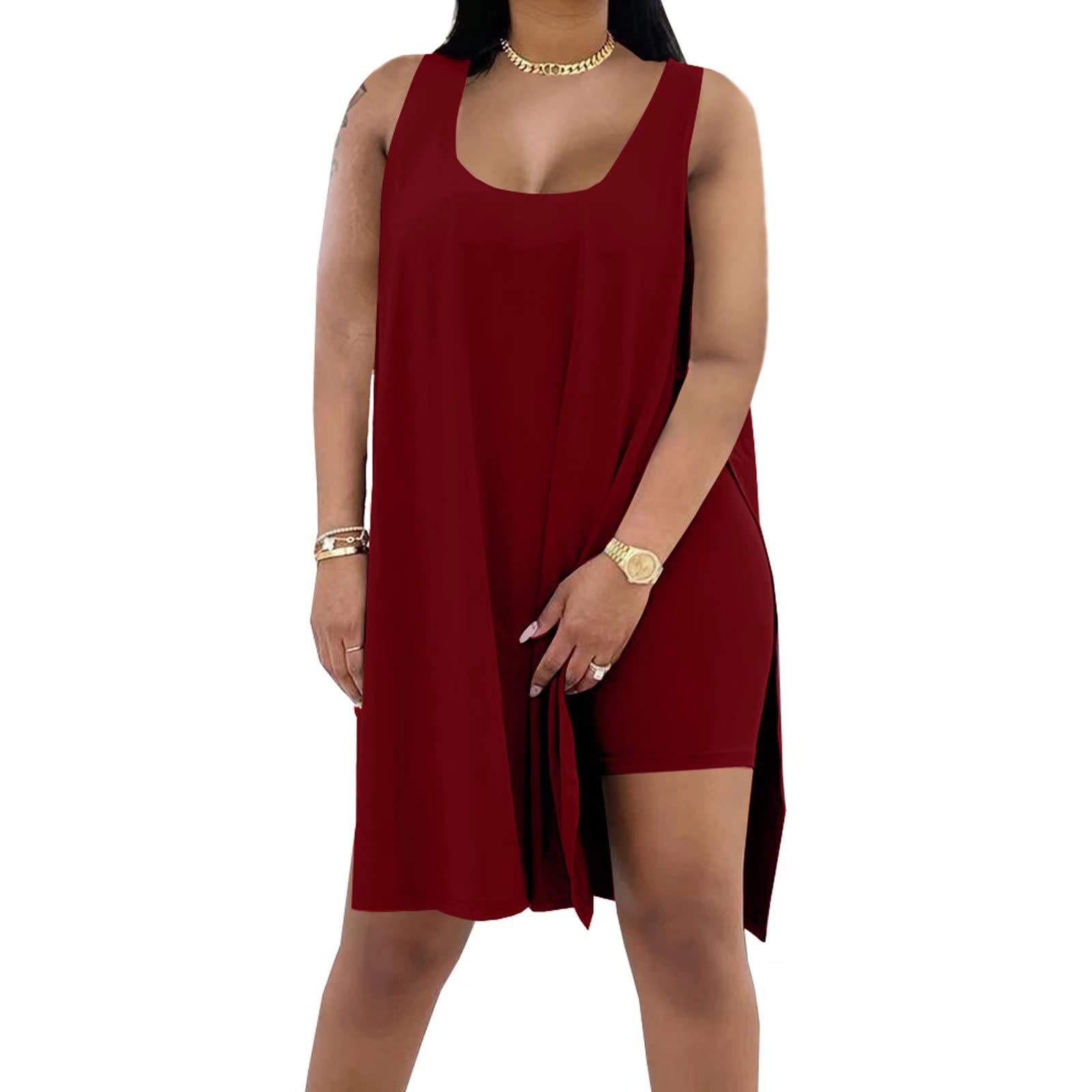 Women's Plus Size 2 Piece Outfits Sleeveless Tunic Tops and Bodycon Biker Shorts Sets Tracksuits Womenswear Casual Clothing Garment