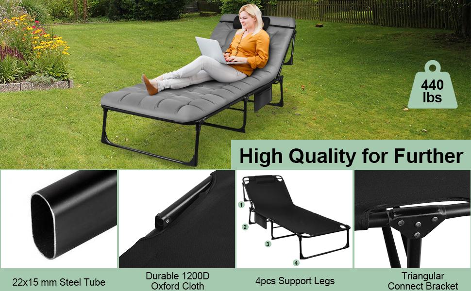 Portable Folding Camping Cot, Adjustable 3-Position Reclining Folding Chaise with Pillow, Outdoor Portable Folding Lounge Chair Sleeping Cots Bed-68cm