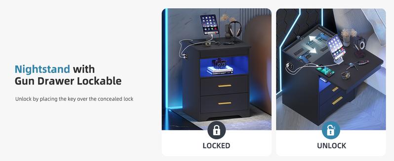 Miu Nightstand Gun Drawer With Sliding Top Charging Station And LED Lights Furniture Bedroom Modern Design Bedside Table Drawer Home