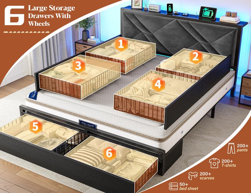 6 Drawers LED Bed Frame with Storage Shelf, Wood Luxury Platform Bed Frames with USB Port Charging Station & Upholstered Headboard for Queen, Full, Holds 1000lBS, No Box Spring Needed, Gray, Rustic Brown