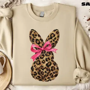 Leopard Bunny Sweatshirt, Girly Easter Sweatshirt, Easter Bunny Sweater, Holiday Animal, Leopard Print Lover Sweatshirt