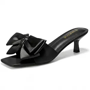Women's Bowknot Heeled Sandals Square Open Toe Sandals With Kitten Heels Slip-On Summer Slides  Daily Wear Cute Sandals Heels