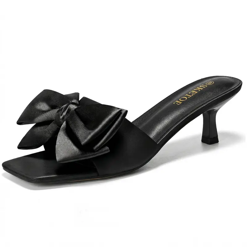Women’s Kitten Heel Sandals with Bow – Square Open Toe Mule Heels, Slip-On Summer Slides. Comfortable & Elegant Heels for Wedding, Bridal, School Opening Ceremony, or Party. Cute Casual Summer Dress Sandals for Cocktail Parties & Daily Wear  Footwear