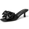 Women’s Kitten Heel Sandals with Bow – Square Open Toe Mule Heels, Slip-On Summer Slides. Comfortable & Elegant Heels for Wedding, Bridal, School Opening Ceremony, or Party. Cute Casual Summer Dress Sandals for Cocktail Parties & Daily Wear  Footwear