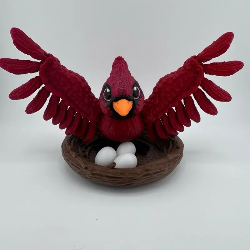 Cardinal Bird Articulated 3D Print Desk Ornament with Nest