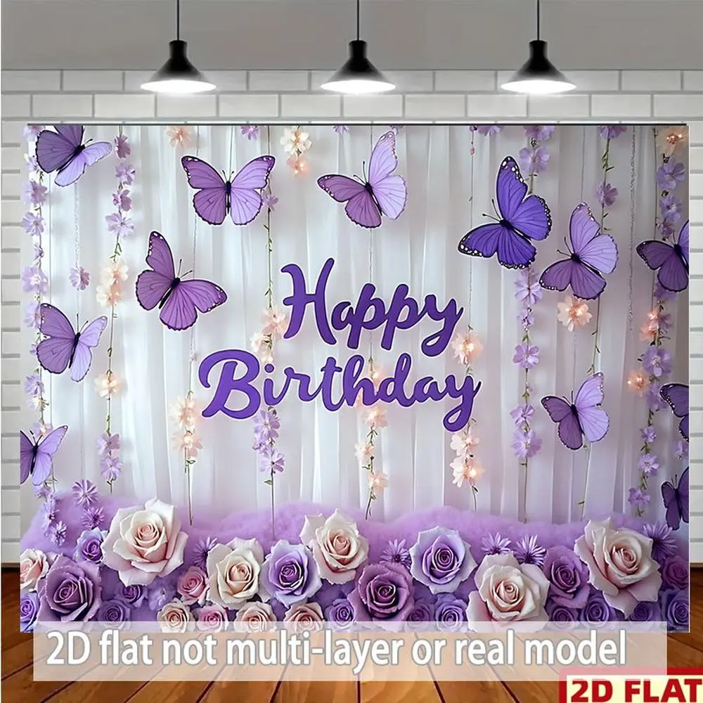 1pc Polyester 2D Flat Purple Butterflies and Roses Happy Birthday Banner - Festive Backdrop, Ideal for Party Planners, Multi-Season Home Supply, Party Decor, Flat Banner